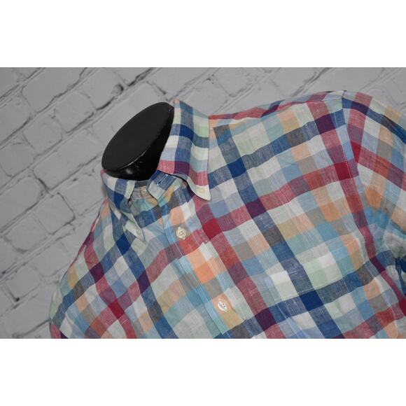 Brooks Brothers Linen Dress Shirt Mens Size Large Regent Fit Blue Red Blue Plaid - Picture 1 of 7